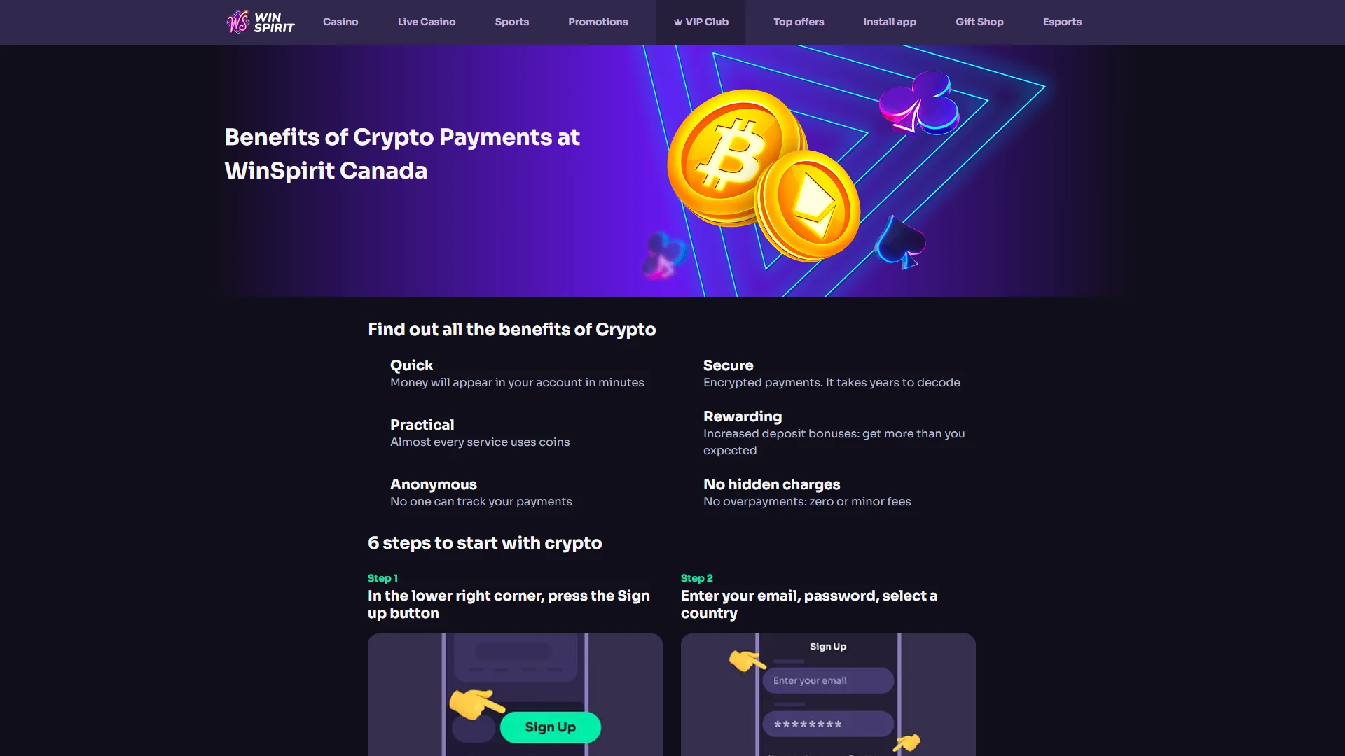 WinSpirit cashier: deposit and withdrawal options